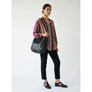 Marie Oliver 100% Silk Oversized Boho Blouse XS Geometric Print Lightweight
